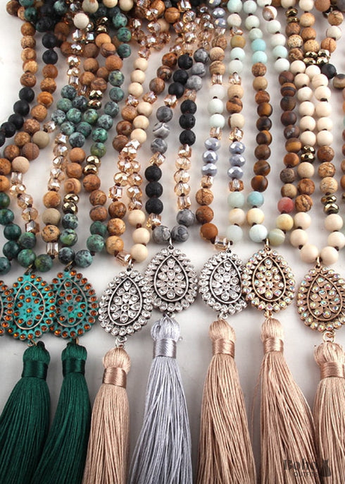 Boho Necklace, RH Amazonite Jasper, Tassel Brown Natural Stone
